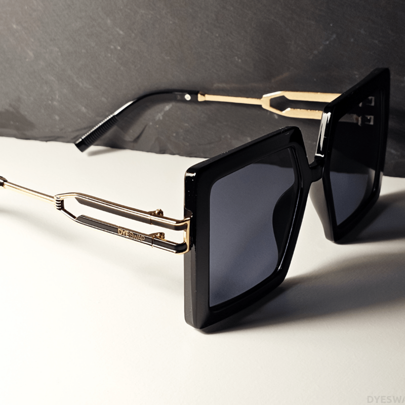 DYESWAP 628 Fekete elegáns női napszemüveg, aranyozott fém dupla szárral és fekete Category 3 UV400 védelmet nyújtó lencsékkel3