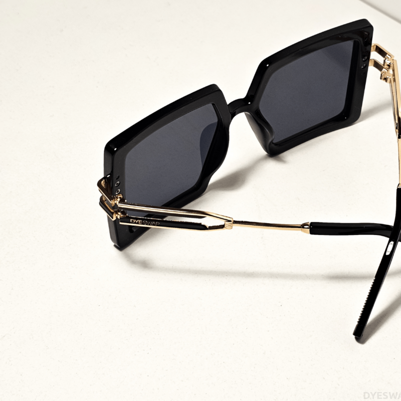 DYESWAP 628 Fekete elegáns női napszemüveg, aranyozott fém dupla szárral és fekete Category 3 UV400 védelmet nyújtó lencsékkel4